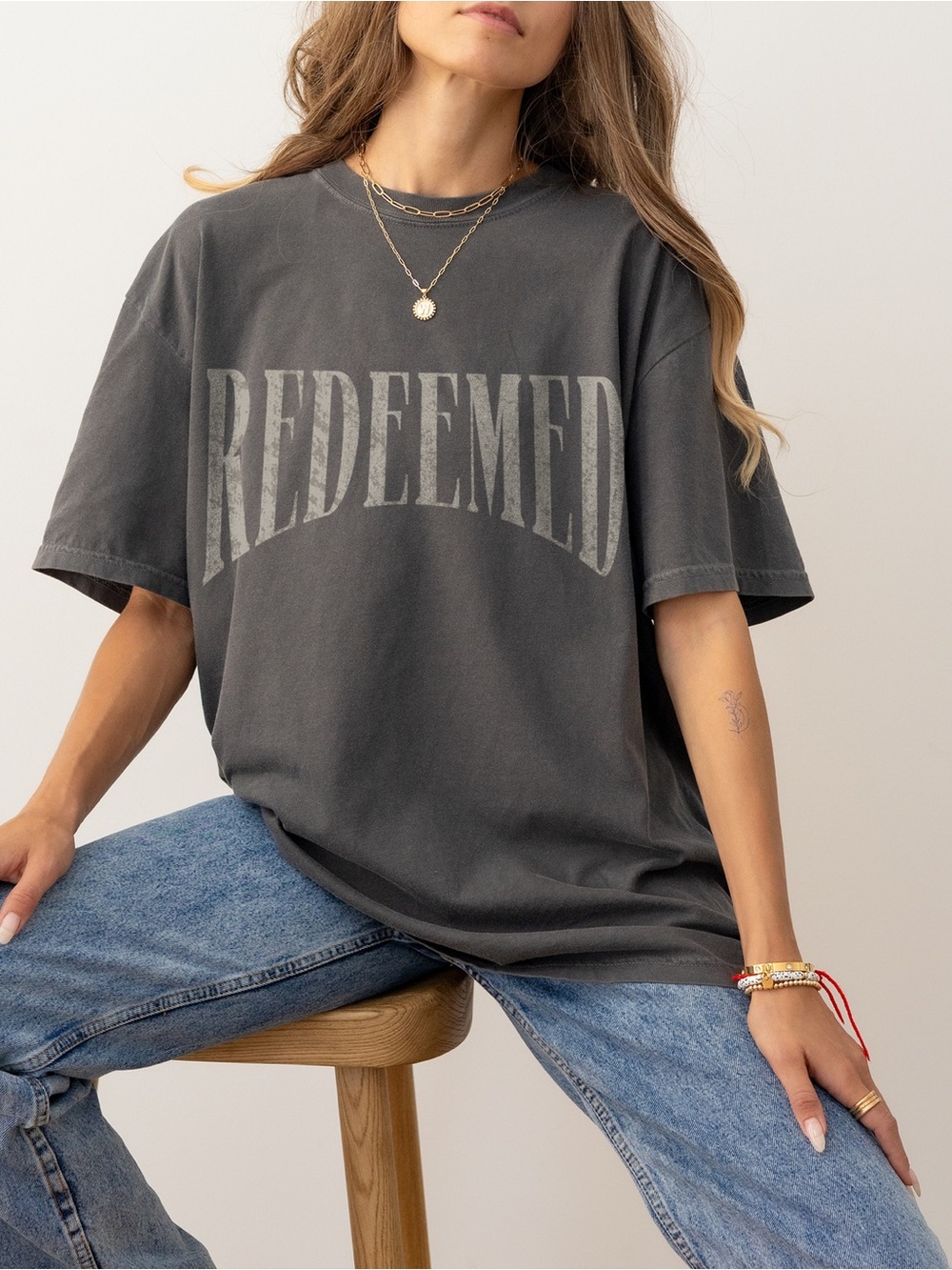 GLO Gods Love Overcomes Redeemed Grey Short Sleeve Oversized Tee